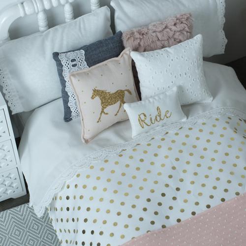 18 inch horse cowgirl blush pink and gold doll bedding close up Danielle Walker 