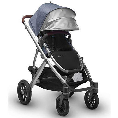 2018 UPPA baby vista stroller - Henry in blue marl, silver, and saddle leather toddler seat stroller Danielle Walker