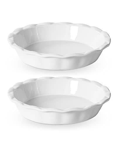 Lareina Ceramic Pie Pans for Baking, 9 Inch Deep dish pie plates with Ruffled Edge for Apple Pie, Durable Pie Dish, Non-Stick, Oven & Dishwasher Safe, Set of 2, White