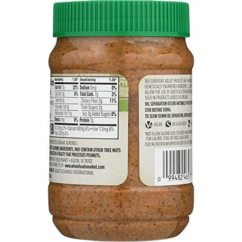 365 everyday value 16 oz. unsweetened, no salt organic creamy almond butter jar back Danielle Walker 