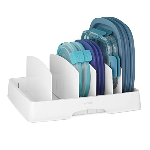 Food Container Lid Organizer With Adjustable Dividers, Plastic Lid