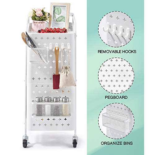 KINGRACK 3-Tier Storage Rolling Cart, Metal Utility Cart with Removable Pegboard, Trolley Organizer with Utility Handle and Extra Baskets Hooks for Kitchen Office Home, White