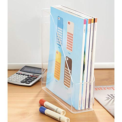 mDesign Plastic File Folder Bin Storage Organizer - Vertical with Handle - Holds Notebooks, Binders, Envelopes, Magazines - Container for Home Office and Work Desktops - Clear