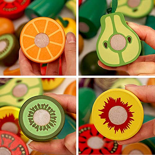 Wooden Cutting Fruit Vegetables Set for Kids - Pretend Play Food Toy Set with Wooden Knife and Tray Learning Toys for Toddlers