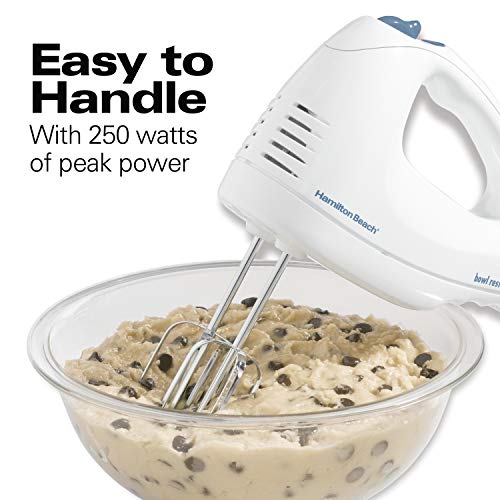 Hamilton Beach 6 Speed Electric Hand Mixer with Whisk, Traditional Beaters,  Snap-On Case, 250 Watts, White, 62682