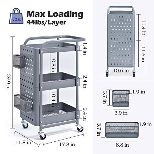 KINGRACK 3-Tier Storage Rolling Cart, Metal Push Cart with DIY Pegboard, Trolley Organizer with Utility Handle and Extra Baskets Hooks for Kitchen, Office, Home, Grey