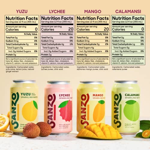 Sanzo Flavored Sparkling Water Variety Pack - 12-Pack - Calamansi (Lime), Lychee (Berry) & Mango (Alphonso) - Carbonated Drink Made with Real Fruit & Sugar-Free - Gluten-Free & Vegan - 12 Fl Oz Cans