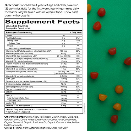 SmartyPants Kids Fiber Daily Gummy Multivitamin: Vitamin C, D3, E, Methyl B12, B6, Gluten Free Supplement, Omega 3 Fish Oil (DHA/EPA) - 30 Day supply
