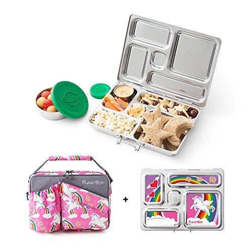 PlanetBox ROVER Eco-Friendly Stainless Steel Bento Lunch Box with 5 Compartments for Adults and Kids - Rainbow Carry Bag with Rainbow Magnets
