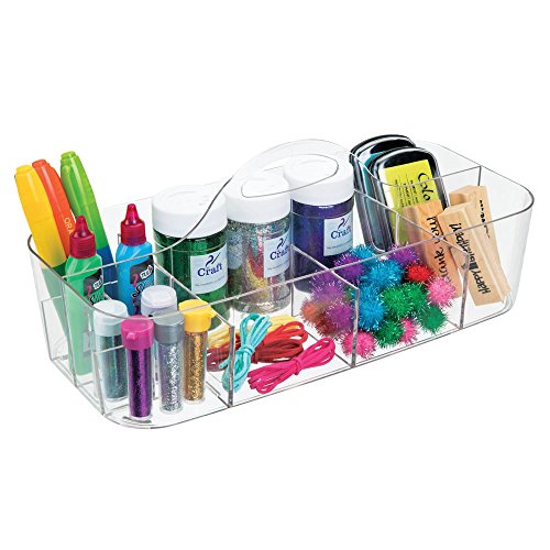 mDesign Plastic Portable Craft Storage Organizer Caddy Tote, Divided Basket Bin for Craft, Sewing, Art Supplies - Holds Paint Brushes, Colored Pencils, Stickers, Glue - Extra Large, 2 Pack - Clear