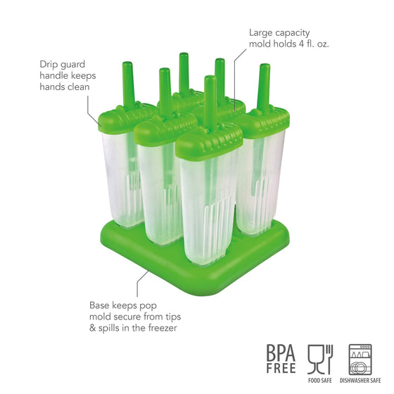 Tovolo Groovy Ice Pop Molds, Drip-Guard Handle, 4 Ounce Popsicles, Set of 6, Green