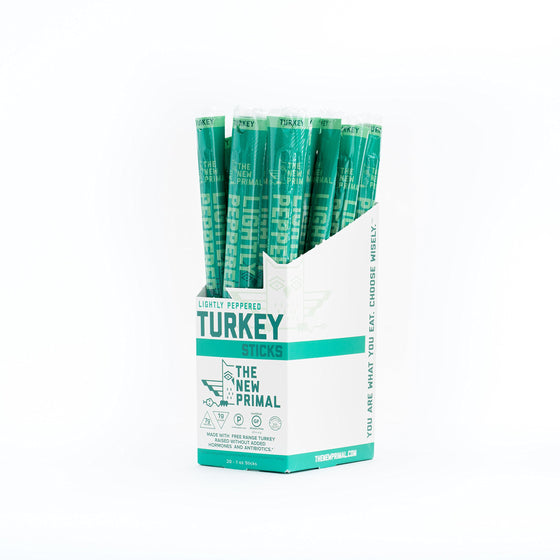 The New Primal 100% Free-Range Lightly Peppered Turkey Stick, Whole30 & Paleo Approved, Gluten, Dairy & Soy Free, 1 Oz (Pack of 20)