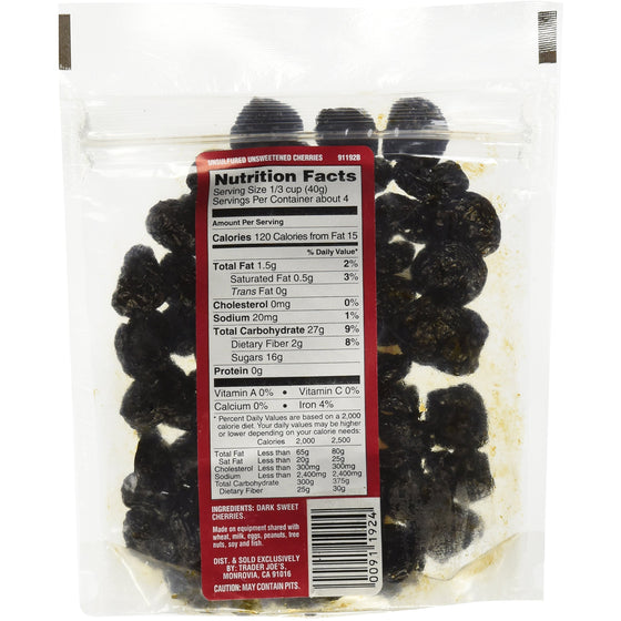 Trader Joe's Dried Fruit Unsweetened Unsulfulred Dark Sweet Cherries 6 ounces
