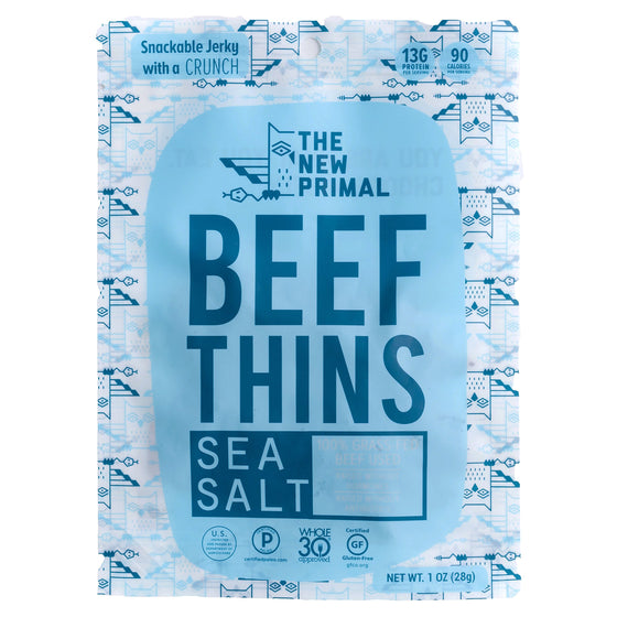 The New Primal Sea Salt Beef Thins - Whole30 Approved, Paleo, Gluten & Soy Free, Pack of 8