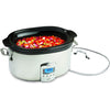 All-clad programmable oval shaped 6.5 quart silver slow cooker with black ceramic insert glass lid in use Danielle Walker