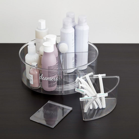 Divided lazy susan product shot filled with bathroom essentials Danielle Walker