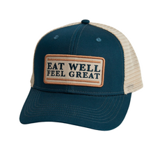  Eat well feel great dark teal and mesh hat product shot Danielle Walker