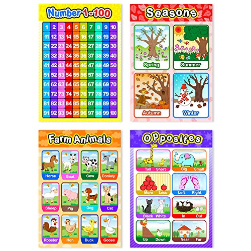 Educational preschool 12 piece poster set for toddlers and kids with glue point dots teach numbers, seasons, farm animals, and opposites Danielle Walker