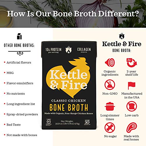 Kettle and Fire 6 pack of chicken bone broth soup - keto diet, paleo friendly, whole 30 approved, gluten free, with collagen, 10g of protein - comparison Danielle Walker