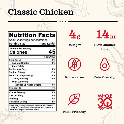 Kettle and Fire 6 pack of chicken bone broth soup - keto diet, paleo friendly, whole 30 approved, gluten free, with collagen, 10g of protein - nutrition facts Danielle Walker