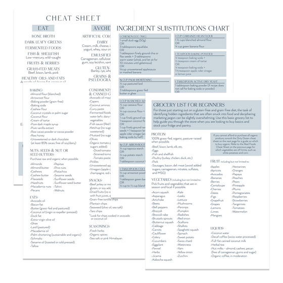 Meal planner cheat sheet, ingredient substitution, and grocery list for beginners pages Danielle Walker